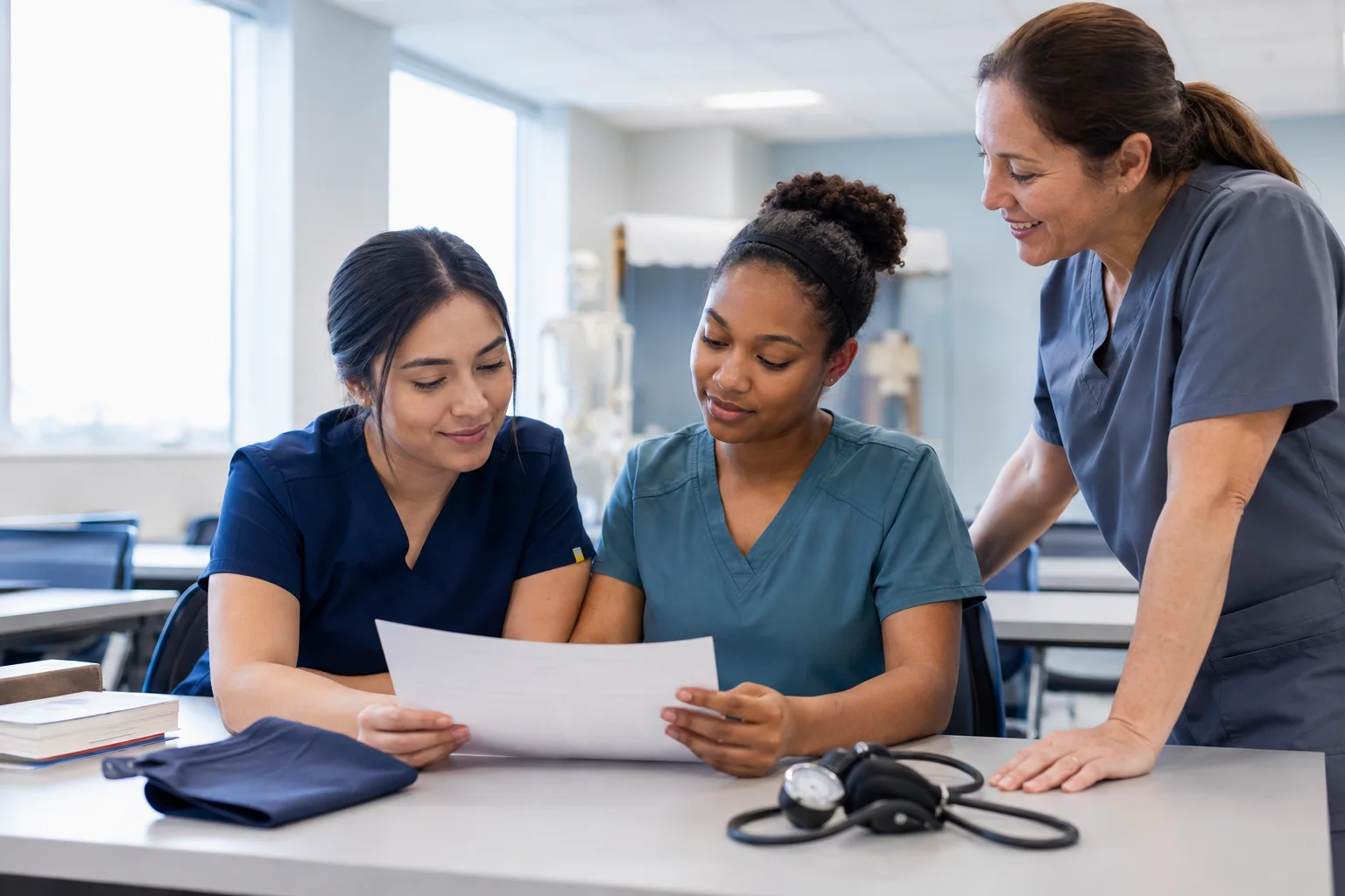 Medical assisting students review a practice worksheet with an instructor in an illustrative skills classroom